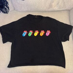 Womens Black Graphic Tee with Multi-Color Tongue Icons